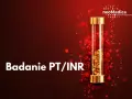 Badanie PT/INR, czyli czas protrombinowy, to kluczowy test oceniający krzepliwość krwi. W probówce widoczne są złote elementy, symbolizujące próbkę.