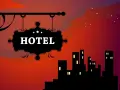 Czarny szyld hotelowy z napisem "HOTEL" na tle nocnego miasta i czerwonego nieba.