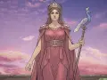 Hera goddess, queen of the gods, stands regally in a pink gown and crown, holding a staff topped with a peacock.