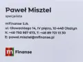 Wizytówka Pawła Misztela, specjalisty mFinanse S.A. z Olsztyna.