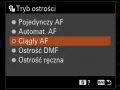 Menu aparatu z opcją "Ciągły AF" jako wybranym trybem ostrości.