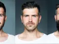 Tres hombres con diferentes estilos de barba: un barba goatee, una barba corta y una barba larga y tupida.