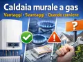 Caldaie di nuova generazione: vantaggi, svantaggi e quando conviene. Immagine con caldaia, fornelli a gas, soldi, chiave inglese e segnali di attenzione.