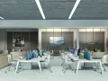 Ufficio moderno con scrivanie operative, divisori blu e sedie bianche. La disposizione segue la normativa per un ambiente di lavoro funzionale.