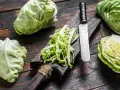 Frischer spitzkohl schneiden für einen Salat. Ein Messer liegt neben dem geschnittenen Kohl auf einem Holzbrett.