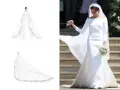 Elegancka suknia ślubna księżnej Meghan z długim welonem i koronkowymi zdobieniami.