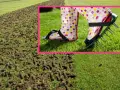 Wiosenna pielęgnacja trawnika: buty z kolcami do aeracji trawy i wyciągnięte dżdżownice.