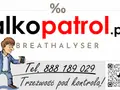 Ilustracja mężczyzny z alkomatem i logo "alkopatrol.pl".