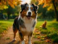 Un magnifique berger australien aux yeux bleus, souriant dans un parc d'automne. Un chat roux est visible en arrière-plan.
