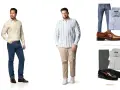 Dos hombres modelan atuendos business casual: uno con camisa beige y jeans, otro con camisa a rayas y chinos.