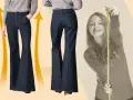 Pantaloni che slanciano, con un taglio a zampa d'elefante che allunga la figura. Una ragazza misura la sua altezza con un metro.