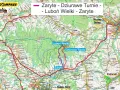 Mapa szlaku turystycznego Zaryte - Dziurawe Turnie - Luboń Wielki. Widoczne szczyty, doliny, rzeki i miejscowości.
