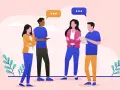 Gruppo di persone impegnate in una vivace comunicazione tra colleghi di lavoro, con fumetti che indicano lo scambio di idee.