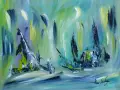 Peinture acrylique sur peinture à l'huile, évoquant des formes abstraites sombres sur un fond aquatique aux tons verts et bleus.