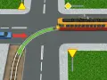 Skrzyżowanie, gdzie tramwaj ma pierwszeństwo. Niebieski samochód ustępuje miejsca, zielona strzałka pokazuje tor jazdy tramwaju.