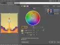 Panel "Recolor Artwork" w Adobe z kołem kolorów, rakietą kosmiczną i opcjami zmiany barw.