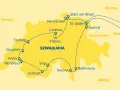 Mapa Szwajcarii z trasą grand tour: Fryburg, Lucerna, Pilatus, Zermatt, Ascona, Bellinzona, Stein am Rhein.