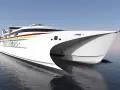 Nowoczesny katamaran Virtu Ferries, z jaką prędkością płynie prom, nie jest widoczny, ale jego sylwetka sugeruje szybkość.