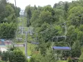 Kolejka linowa wznosząca się pośród zielonych drzew.