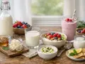 Un assortiment de produits laitiers et de fruits frais, incluant du kefir vivant, du lait, des baies, un smoothie et du yaourt.
