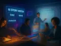 Un grupo de personas trabaja en un aula futurista, usando IA para escribir historias. La pantalla muestra "AI STORY WRITER" con opciones como TONE, GENRE y CHARACTER, sugiriendo una **elipsis narrativa** en la creación de contenido.