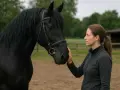 Une femme caresse la tête d'un magnifique cheval frison noir, une connexion paisible dans un pré.