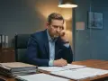Zamyślony prezes spółki z o.o. przy biurku, zastanawia się, czy odpowiada swoim majątkiem.