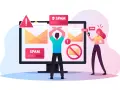 Osoba zrezygnowana przed monitorem z powiadomieniami SPAM, a kobieta z telefonem odbiera kolejne niechciane wiadomości.