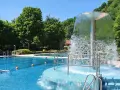 Erfrischender Brunnen im Naturbad Elbingerode, umgeben von grünen Bäumen und blauem Wasser.