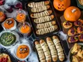 En härlig Halloween-buffé med mumiekorvar, pumpor och läskiga dippar. Perfekt för en mumie halloween-fest!