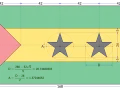 Schemat flagi São Tomé i Príncipe z wymiarami, kolorami (zielony, żółty, czerwony) i dwoma czarnymi gwiazdami.