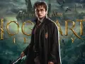 Harry Potter, con su túnica y varita, se alza ante el castillo de Hogwarts. El logo de "Hogwarts Legacy 2" brilla en dorado, rodeado de dragones y misterio.