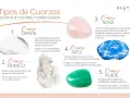 El cuarzo cristal, blanco, rosa, azul y verde, cada uno con sus significados. El cuarzo blanco purifica y trae paz.