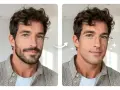 Un hombre con barba sin bigote se transforma a un rostro afeitado y radiante.
