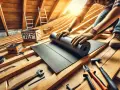 Ręce w rękawiczkach rozwijają najlepszą papę termozgrzewalną na drewnianym dachu. Narzędzia i skrzynka z napisem "ROOFING FELT" czekają.