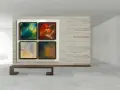 Un banc en bois devant un mur de briques, présentant quatre œuvres d'art : différent type de peinture dessin abstrait.