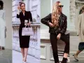 Quatre femmes présentent différents styles vestimentaires : blanc monochrome, robe noire élégante, perfecto rock, et tenue chic avec béret.
