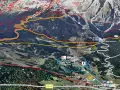 Mappa di sentieri montani con indicazioni per il "Sentiero dei Camosci", rifugi, piste ciclabili e aree gioco.