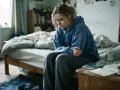 Ragazza seduta sul letto, pensierosa, con bilancia e diario sul comodino. Potrebbe riflettere le **anoressia cause madre** e le difficoltà emotive.
