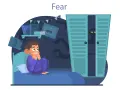 Ein Junge im Bett, ängstlich wegen Schatten und einem Monster im Schrank. Illustration zum Thema Umgang mit Angst bei Kindern.
