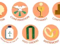 Icons representing the sacraments of the Catholic Church: Baptism, Confirmation, Eucharist, Confession, Anointing of the Sick, Holy Orders, and Matrimony.