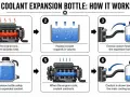 Diagram shows how coolant absorbs engine heat, expands, flows to an expansion bottle, and returns as the engine cools.