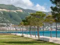 Wlora, Albania: nadmorska promenada z drzewami i widokiem na miasto u podnóża zielonych wzgórz.