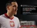 Piłkarz w koszulce z orłem na piersi, obok tweet o potencjalnych parach baraży o ekstraklasę.