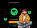 Ein lächelnder Mann mit Kopfhörern und Smartphone. Eine Spotify-App zeigt 10.000 monatliche Hörer, während Benachrichtigungen +65k und +75k Hörer anzeigen.