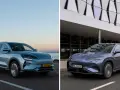 Dwa elektryczne SUV-y BYD w różnych kolorach, jeden na tle morza, drugi przy nowoczesnym budynku.