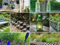 Ozdoby ogrodowe z recyklingu: ławka, donice, płotek i lampiony pokazują, ile rozkłada się szklana butelka, gdy nada się jej nowe życie.