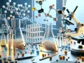 Laboratorium z kolbami, probówkami i mikroskopem. W tle molekularne struktury, a na stole kulki symbolizujące składniki, np. sodium lauroyl sarcosinate co to jest.