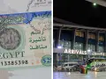 Wiza do Egiptu na lotnisku. Stempel w paszporcie i budynek lotniska z napisem "ARRIVALS".