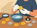 Comment faire briller une pièce de monnaie : une personne avec des gants tient une pièce dorée, près d'un bol d'eau, d'une loupe et d'autres pièces.